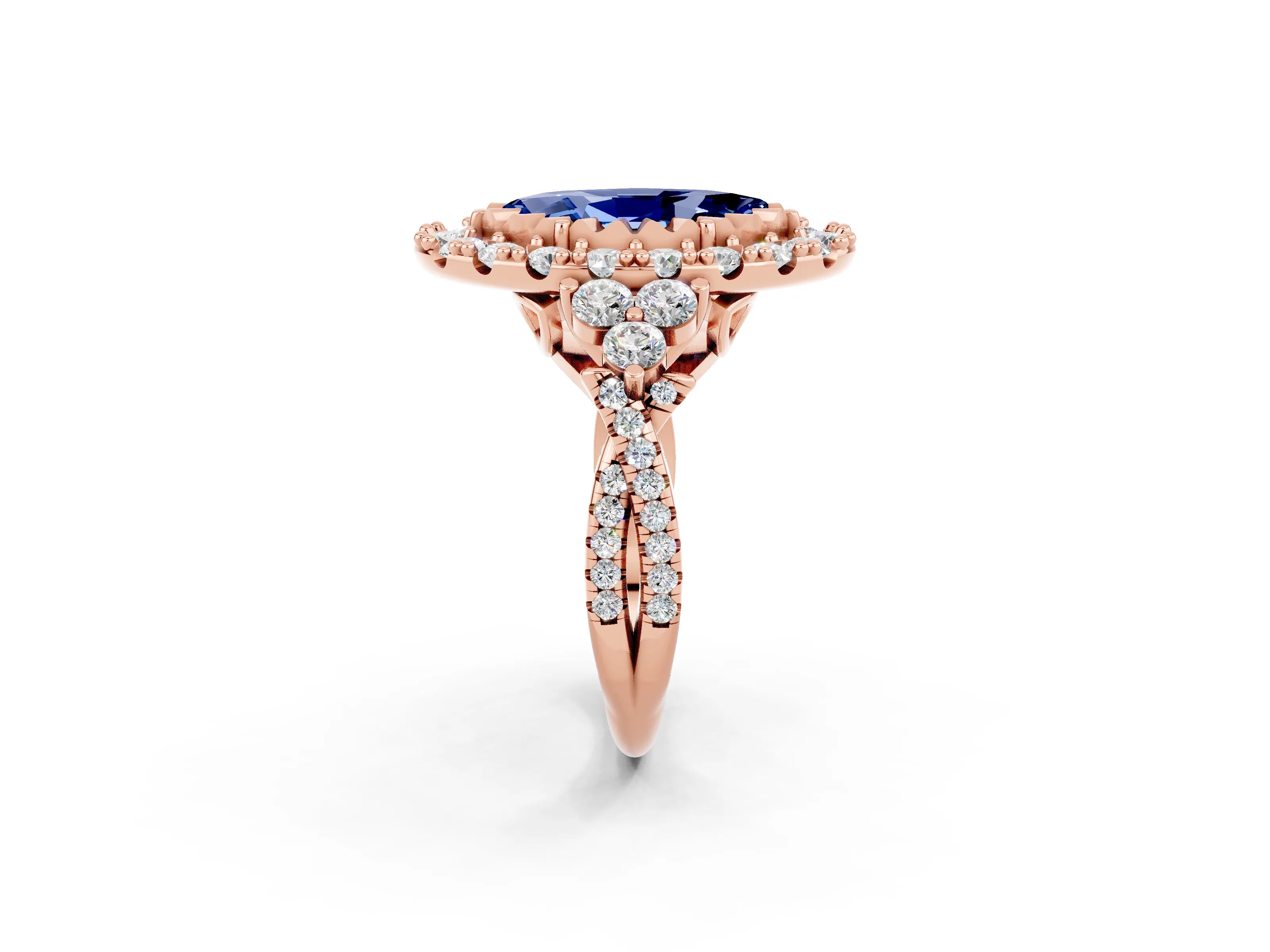 Rose gold Marquise Cut Blue Sapphire Halo Ring with Pavé Band and Four-Prong Setting_14