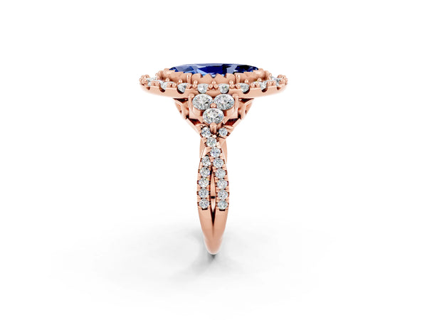 Rose gold Marquise Cut Blue Sapphire Halo Ring with Pavé Band and Four-Prong Setting