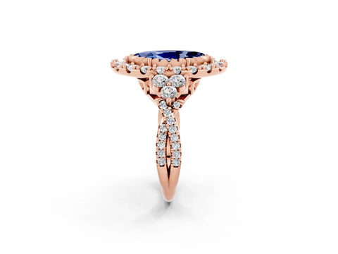 Rose gold Marquise Cut Blue Sapphire Halo Ring with Pavé Band and Four-Prong Setting_14