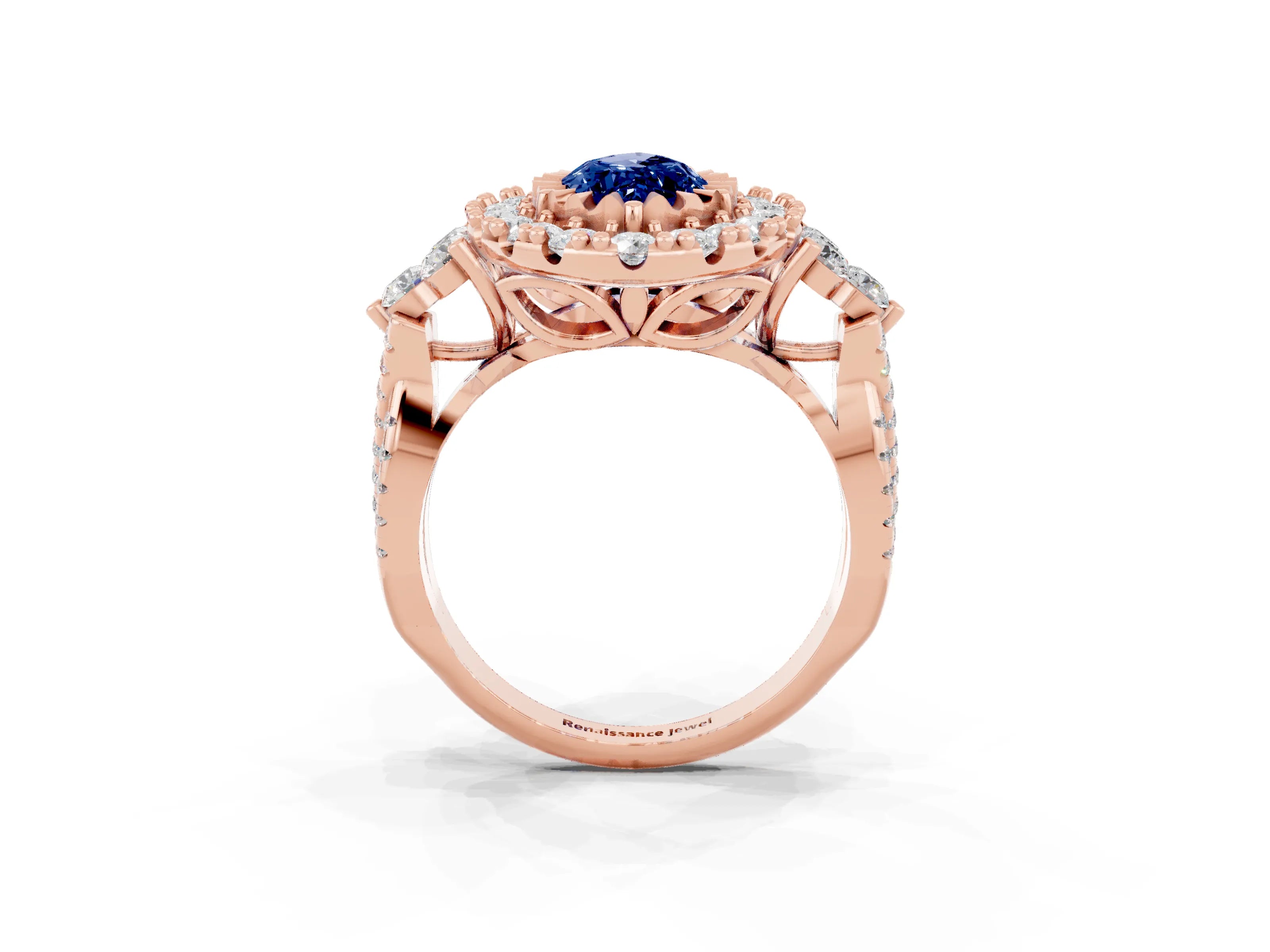 Rose gold Marquise Cut Blue Sapphire Halo Ring with Pavé Band and Four-Prong Setting_15