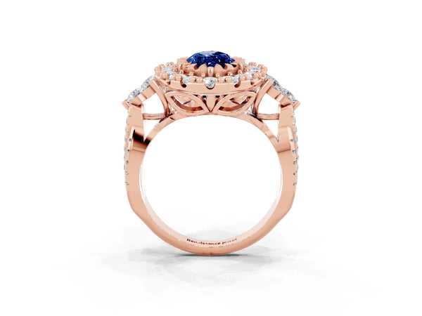 Rose gold Marquise Cut Blue Sapphire Halo Ring with Pavé Band and Four-Prong Setting