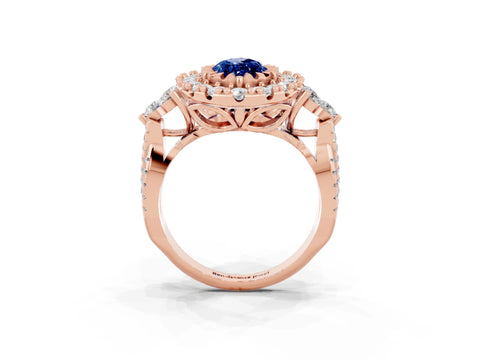 Rose gold Marquise Cut Blue Sapphire Halo Ring with Pavé Band and Four-Prong Setting_15