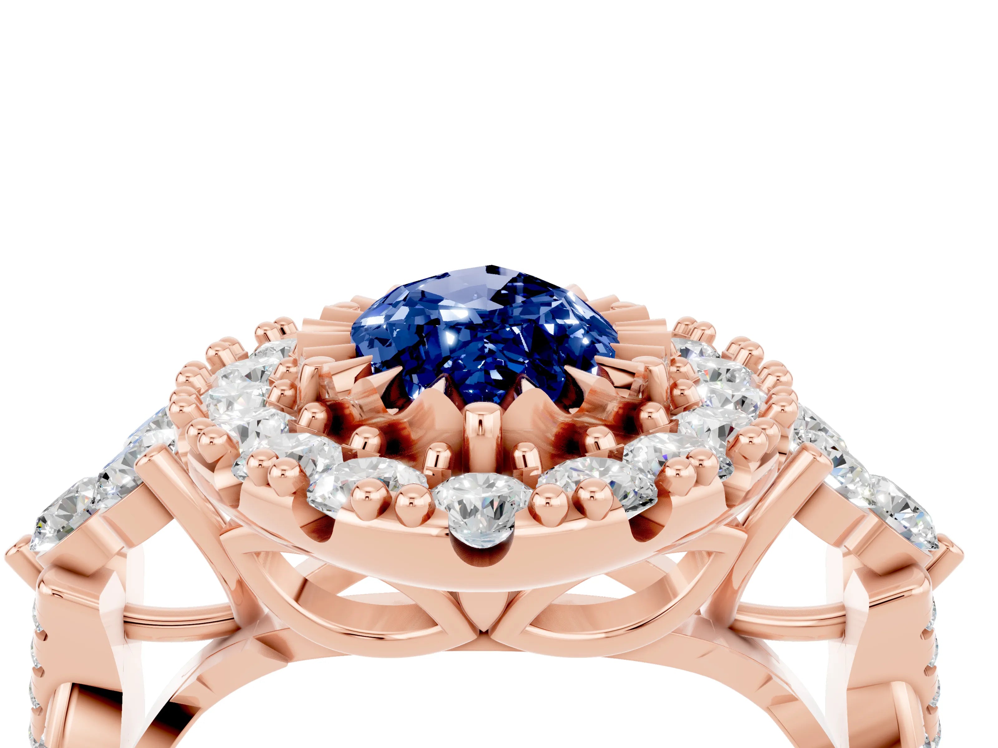Rose gold Marquise Cut Blue Sapphire Halo Ring with Pavé Band and Four-Prong Setting_16