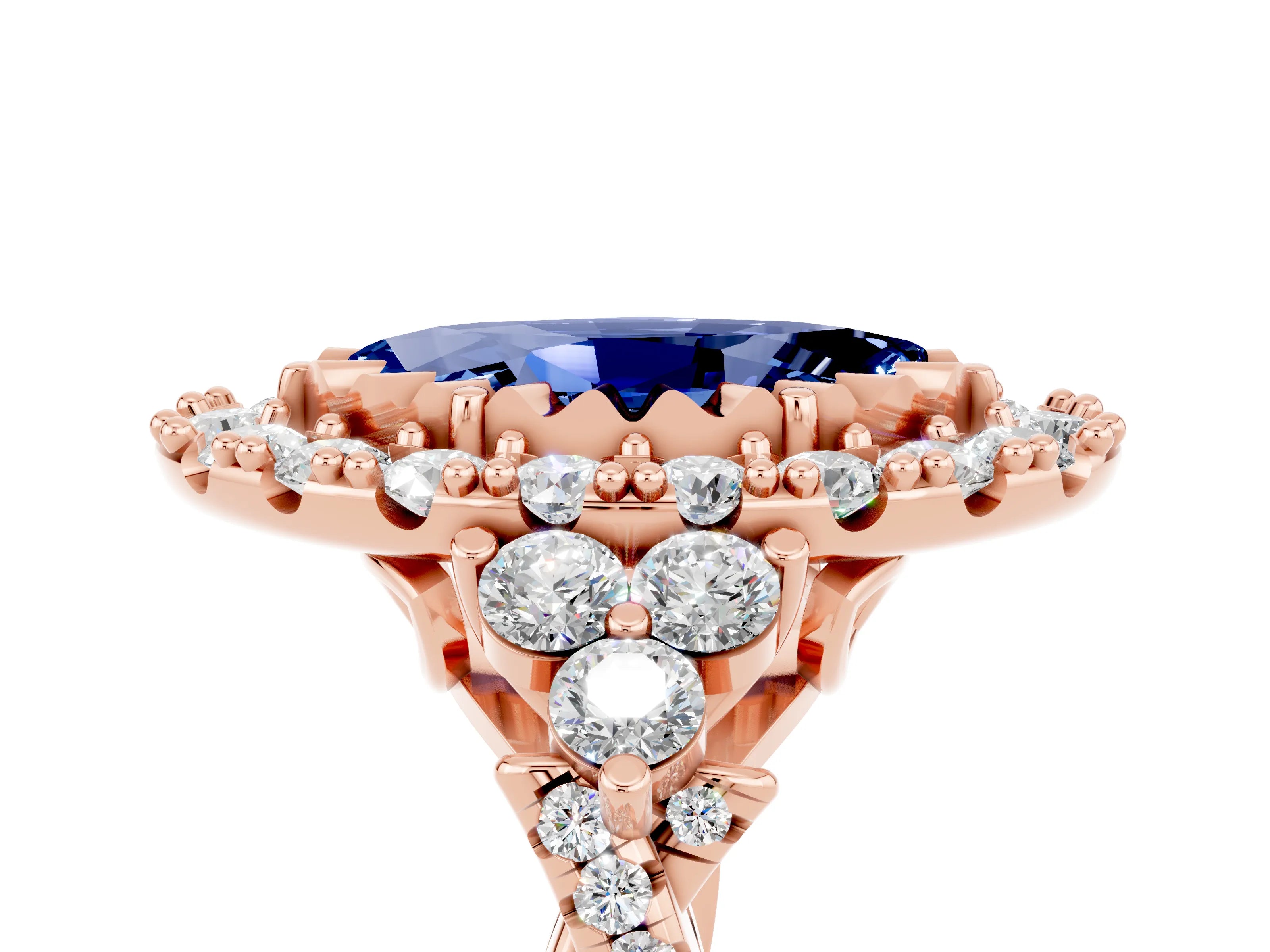 Rose gold Marquise Cut Blue Sapphire Halo Ring with Pavé Band and Four-Prong Setting_17