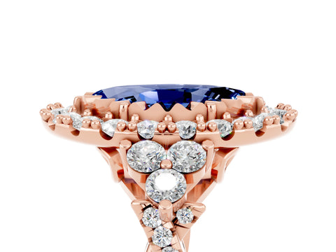 Rose gold Marquise Cut Blue Sapphire Halo Ring with Pavé Band and Four-Prong Setting_17
