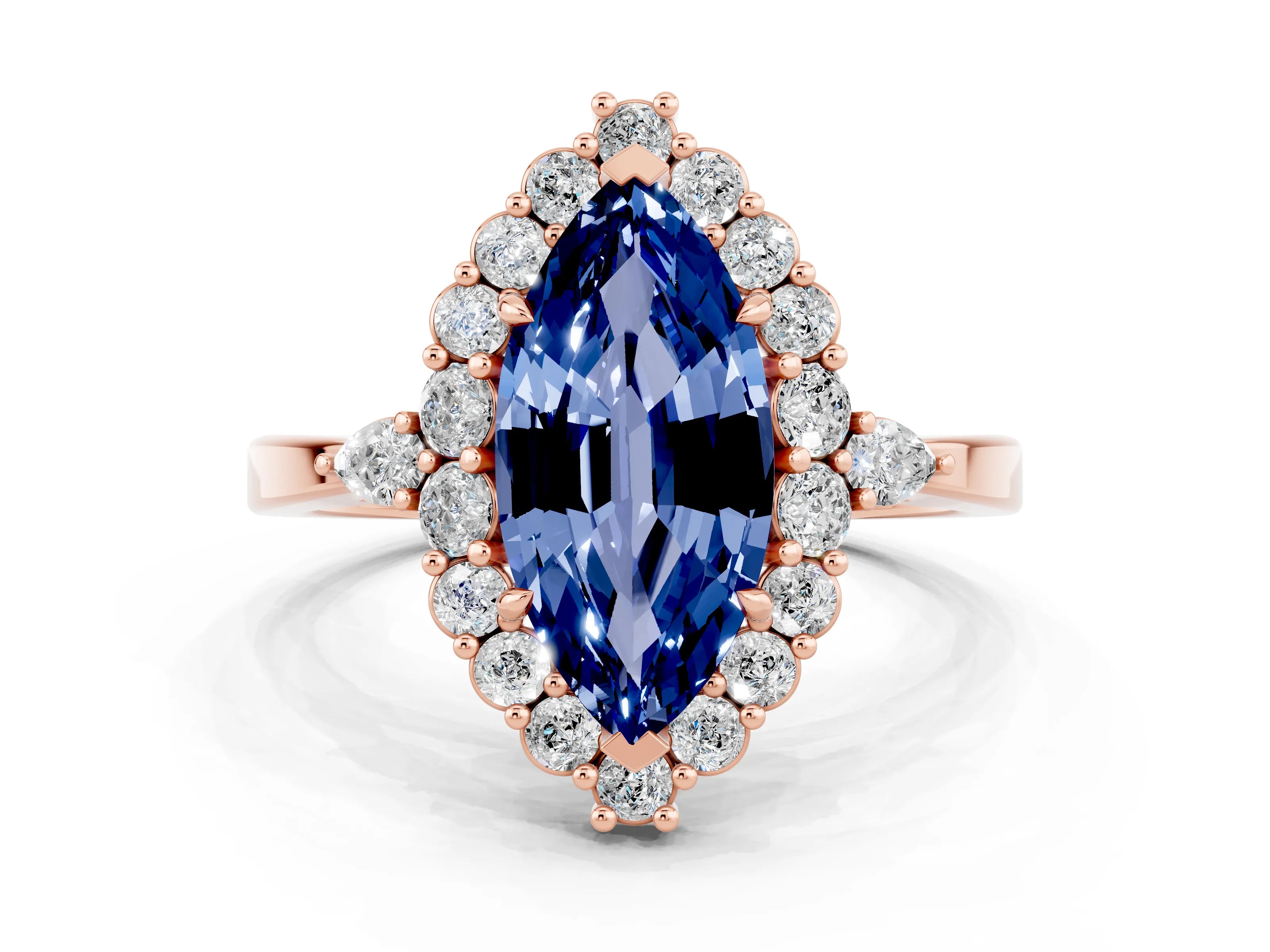 Rose gold Marquise Cut Blue Sapphire Halo Ring with Pear Side Stones and Prong Setting_12