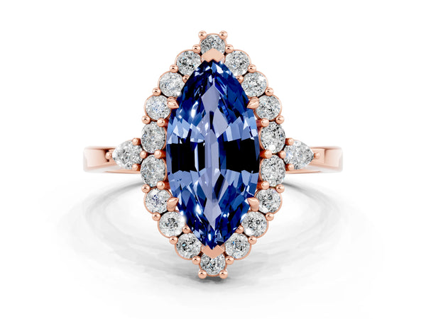 Rose gold Marquise Cut Blue Sapphire Halo Ring with Pear Side Stones and Prong Setting