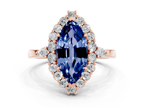 Rose gold Marquise Cut Blue Sapphire Halo Ring with Pear Side Stones and Prong Setting_12