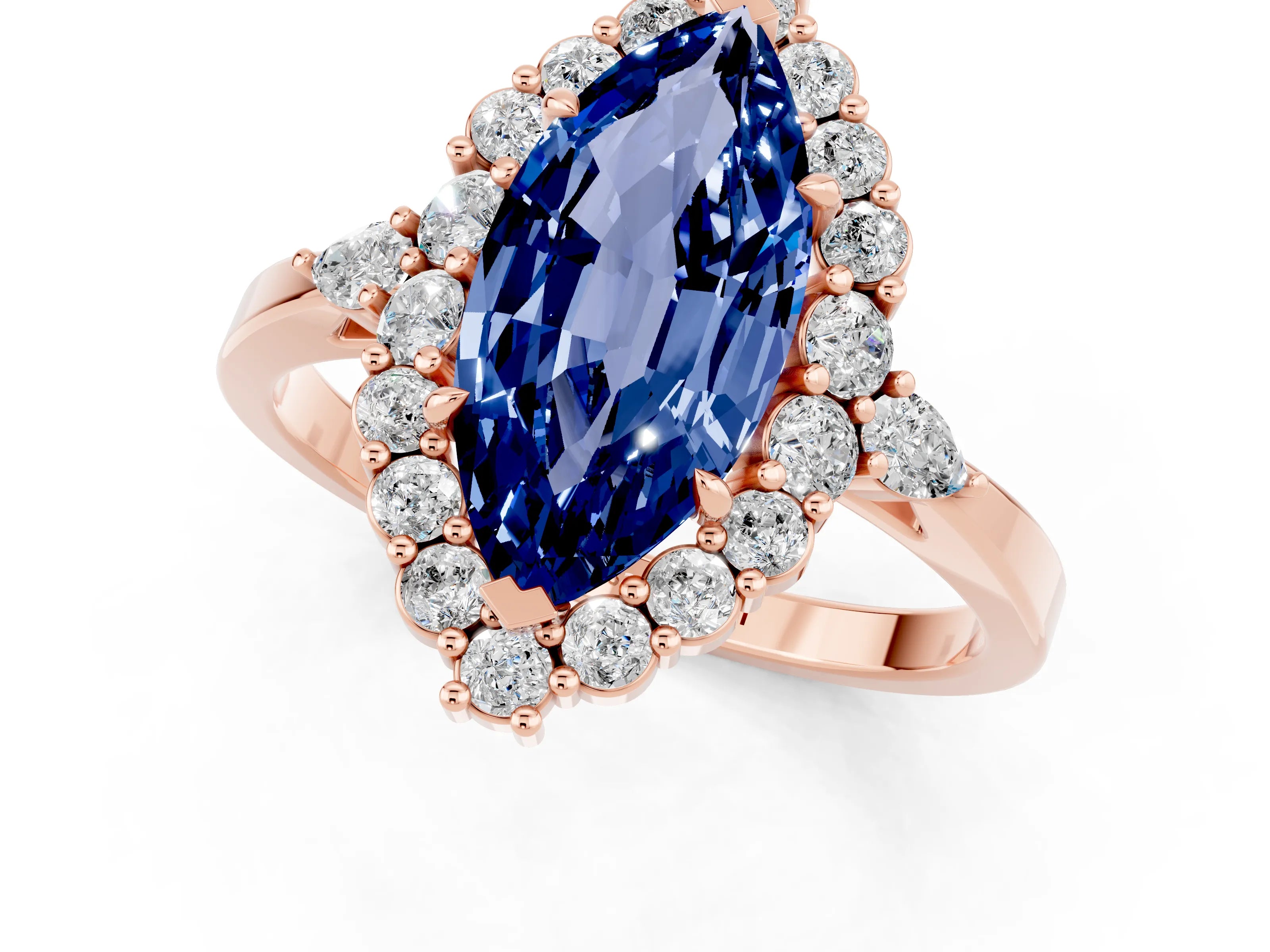 Rose gold Marquise Cut Blue Sapphire Halo Ring with Pear Side Stones and Prong Setting_13
