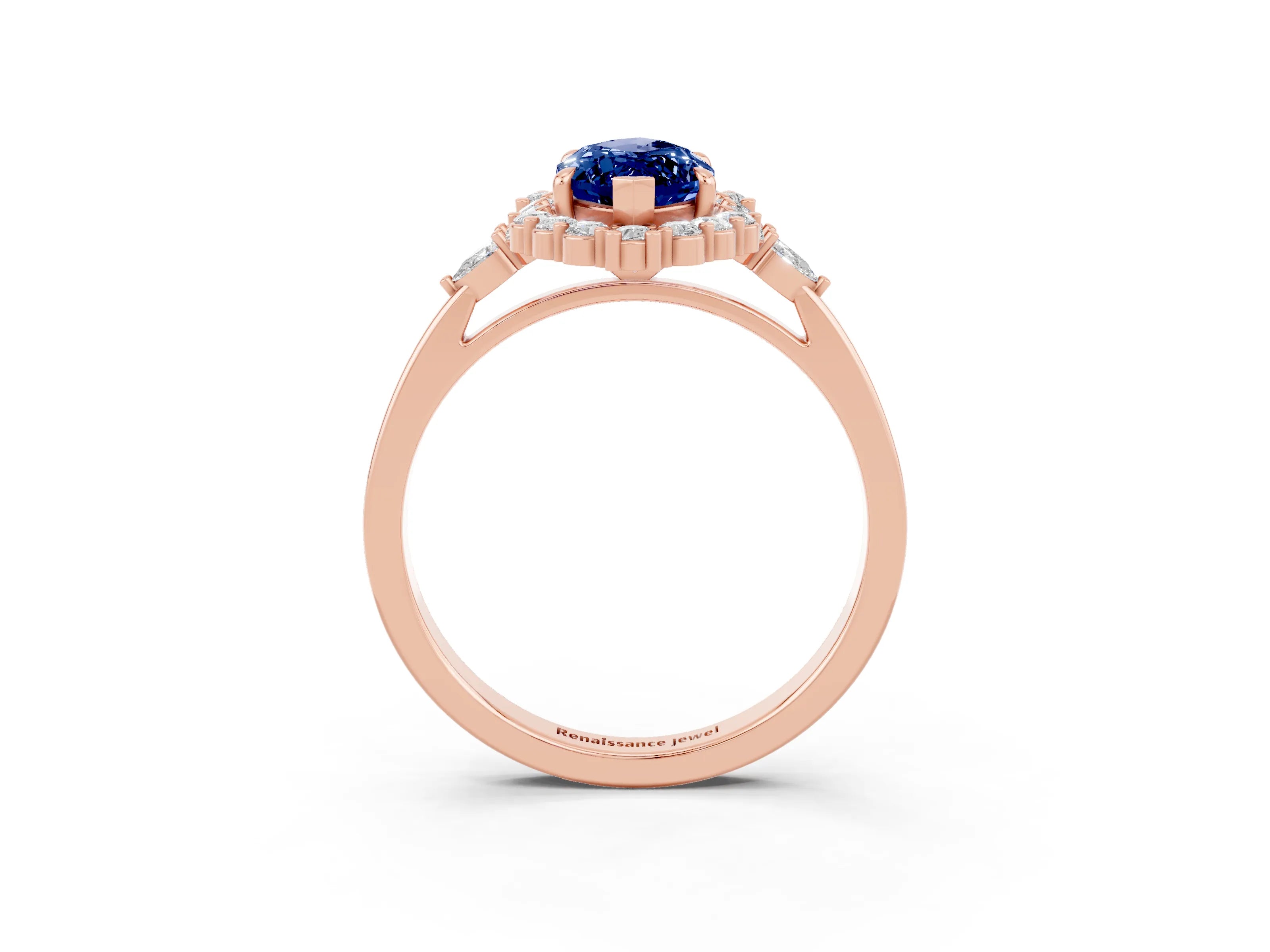 Rose gold Marquise Cut Blue Sapphire Halo Ring with Pear Side Stones and Prong Setting_15