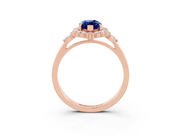 Rose gold Marquise Cut Blue Sapphire Halo Ring with Pear Side Stones and Prong Setting