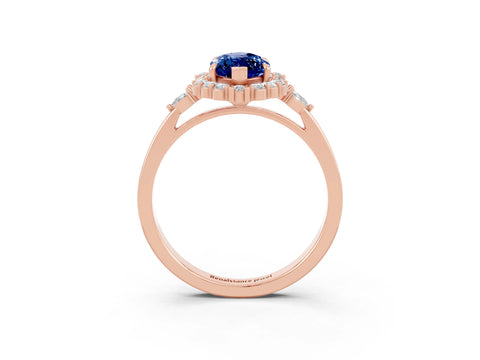 Rose gold Marquise Cut Blue Sapphire Halo Ring with Pear Side Stones and Prong Setting_15