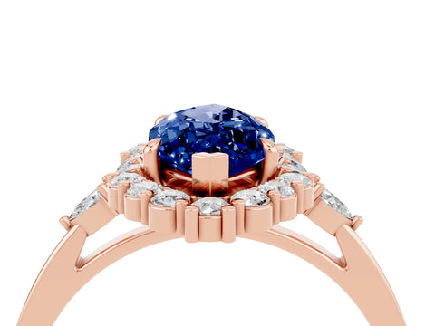 Rose gold Marquise Cut Blue Sapphire Halo Ring with Pear Side Stones and Prong Setting_16