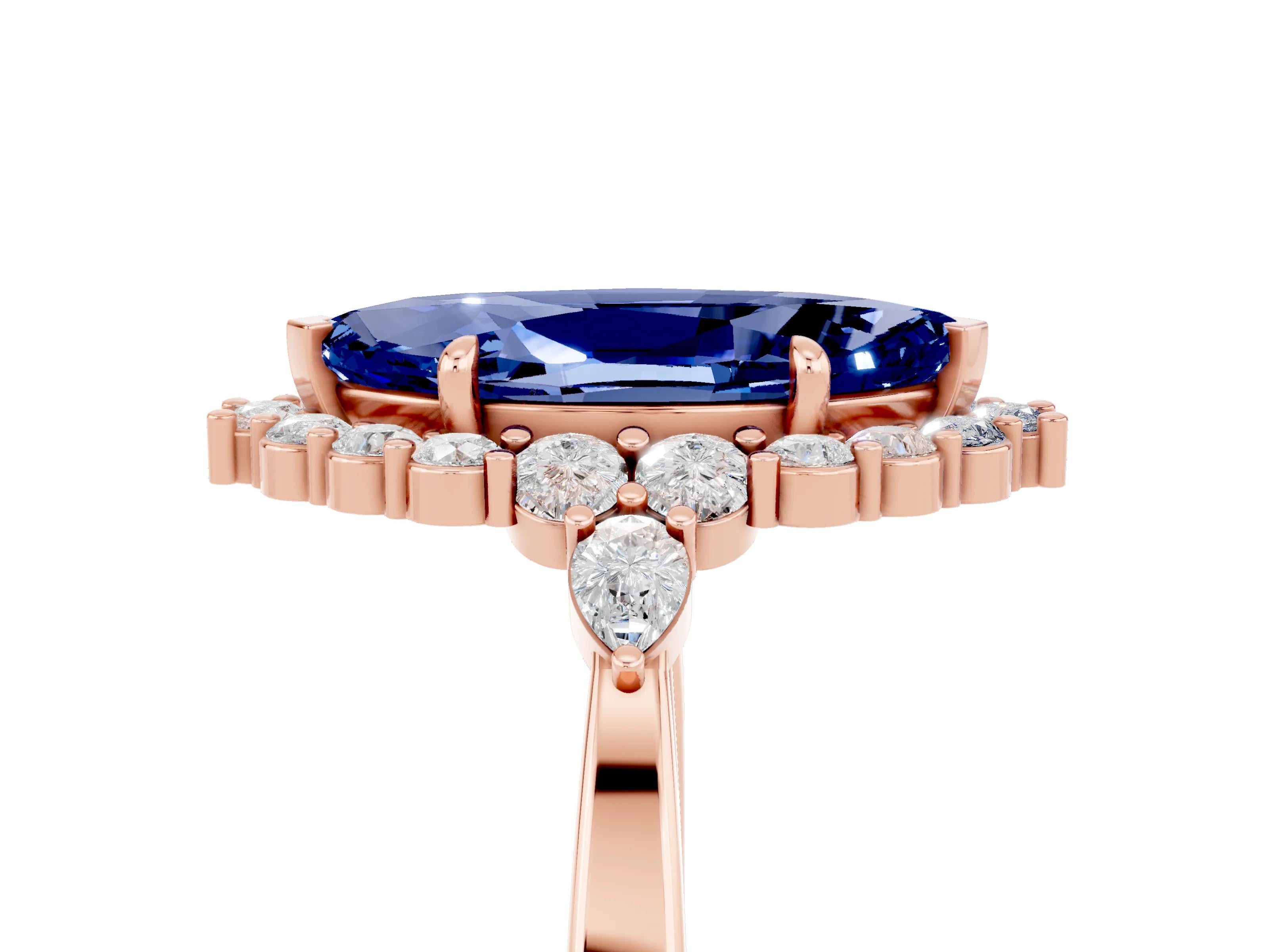 Rose gold Marquise Cut Blue Sapphire Halo Ring with Pear Side Stones and Prong Setting_17