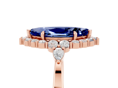 Rose gold Marquise Cut Blue Sapphire Halo Ring with Pear Side Stones and Prong Setting_17