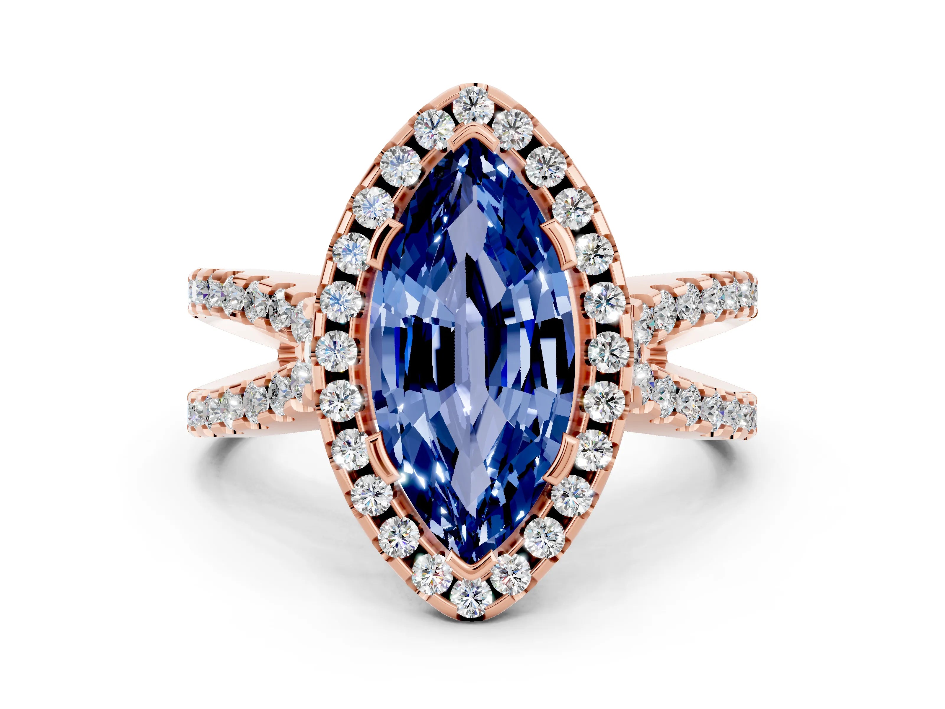 Rose gold Marquise Cut Blue Sapphire Halo Ring with Split Shank Pavé Band and Prong Setting