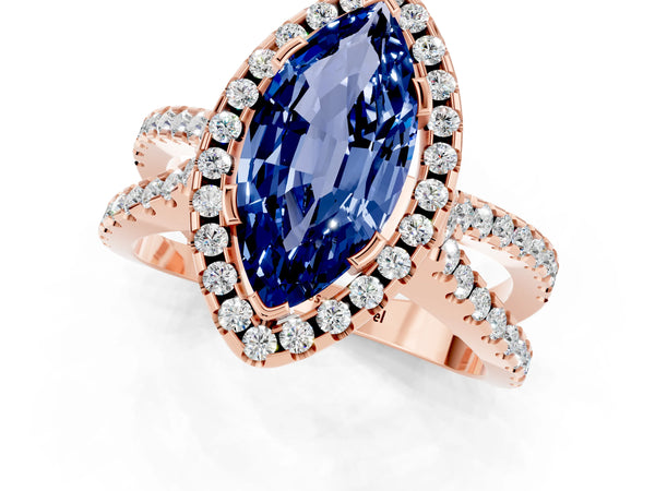 Rose gold Marquise Cut Blue Sapphire Halo Ring with Split Shank Pavé Band and Prong Setting