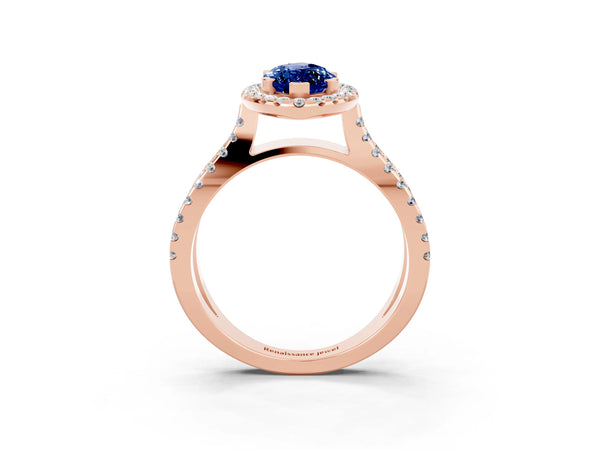 Rose gold Marquise Cut Blue Sapphire Halo Ring with Split Shank Pavé Band and Prong Setting