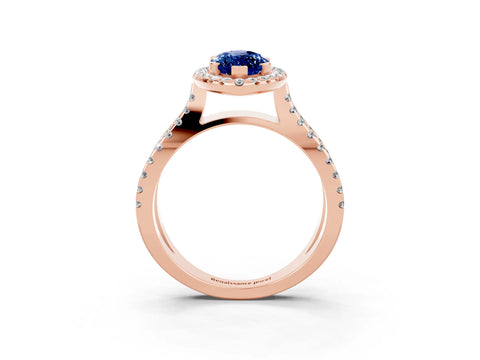 Rose gold Marquise Cut Blue Sapphire Halo Ring with Split Shank Pavé Band and Prong Setting_3