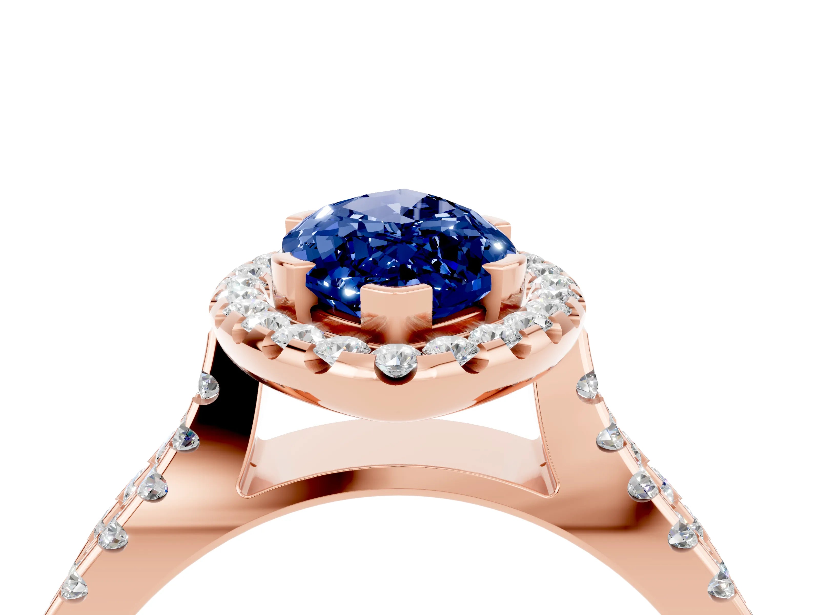 Rose gold Marquise Cut Blue Sapphire Halo Ring with Split Shank Pavé Band and Prong Setting_4