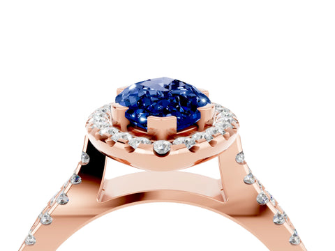 Rose gold Marquise Cut Blue Sapphire Halo Ring with Split Shank Pavé Band and Prong Setting_4