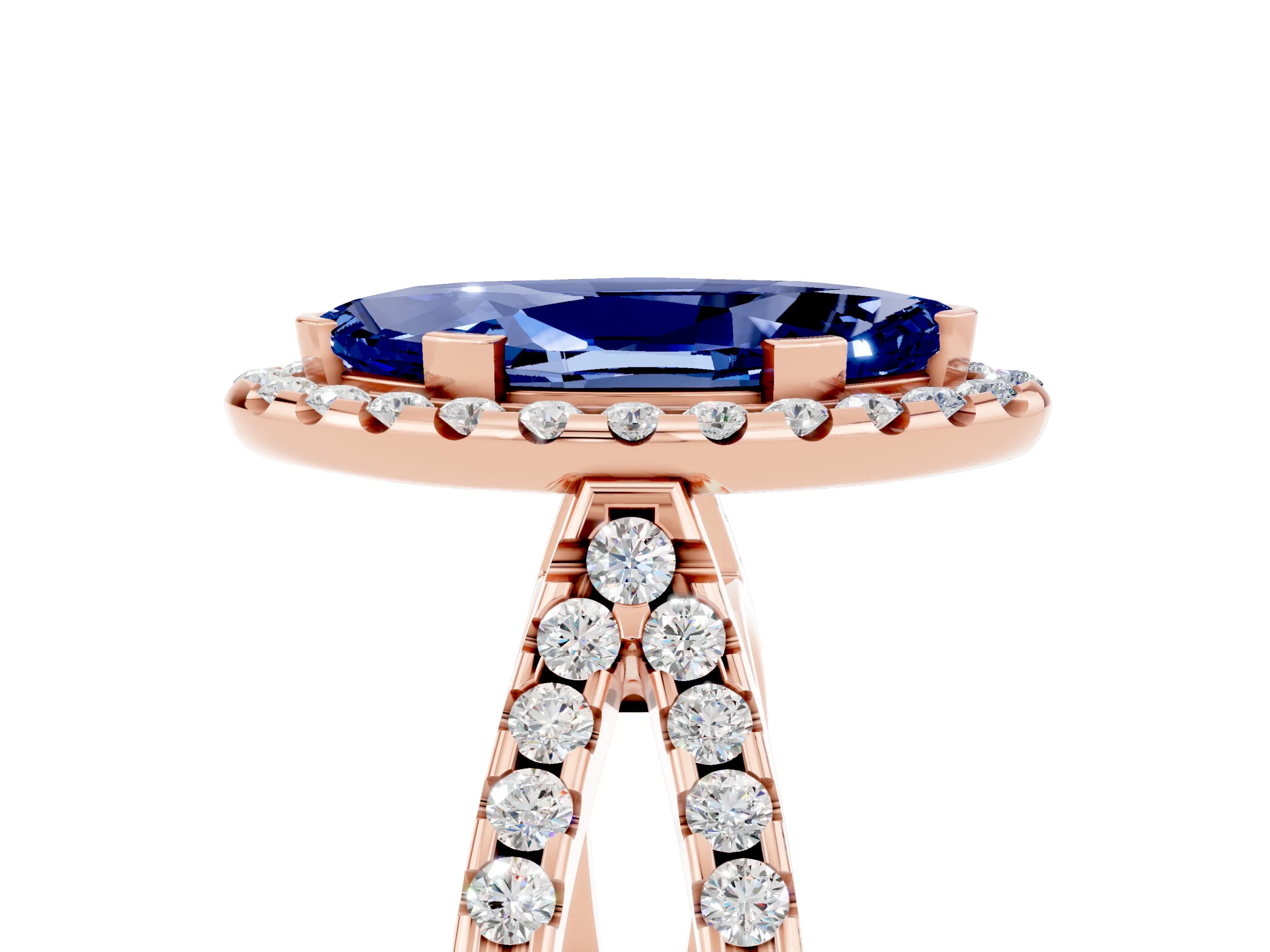 Rose gold Marquise Cut Blue Sapphire Halo Ring with Split Shank Pavé Band and Prong Setting_5