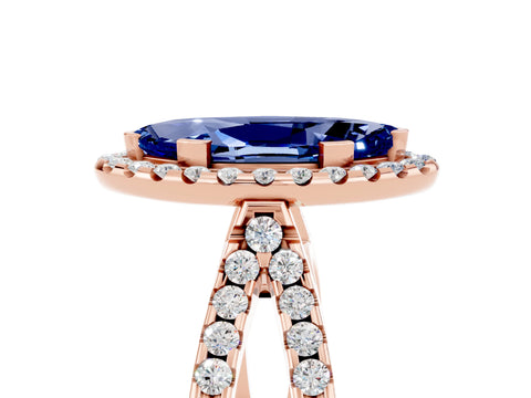 Rose gold Marquise Cut Blue Sapphire Halo Ring with Split Shank Pavé Band and Prong Setting_5