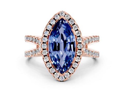 Rose gold Marquise Cut Blue Sapphire Halo Ring with Split Shank Pavé Band and Prong Setting