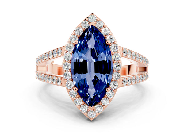 Rose gold Marquise Cut Blue Sapphire Halo Ring with Split Shank U-Prong Band and Four-Prong Setting