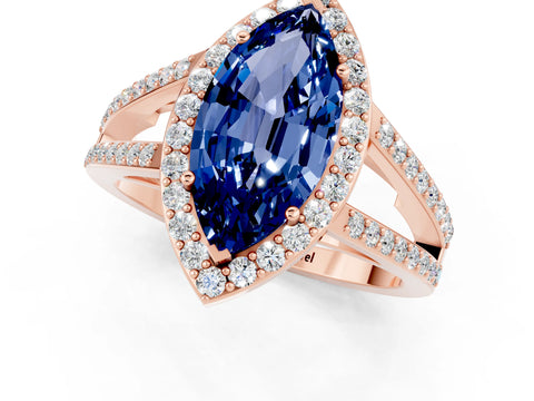 Rose gold Marquise Cut Blue Sapphire Halo Ring with Split Shank U-Prong Band and Four-Prong Setting_1