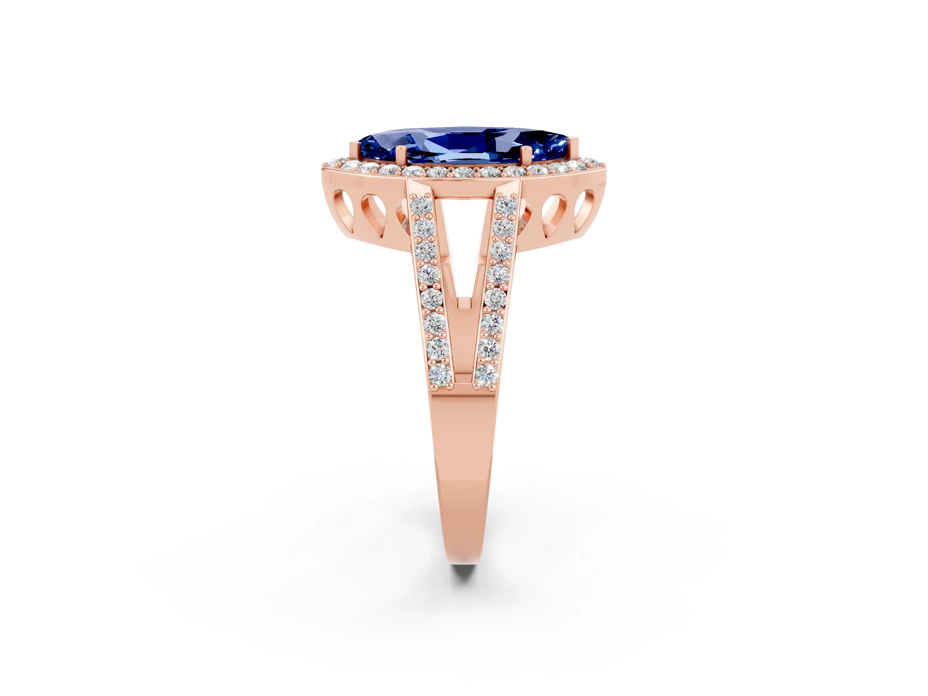 Rose gold Marquise Cut Blue Sapphire Halo Ring with Split Shank U-Prong Band and Four-Prong Setting_2