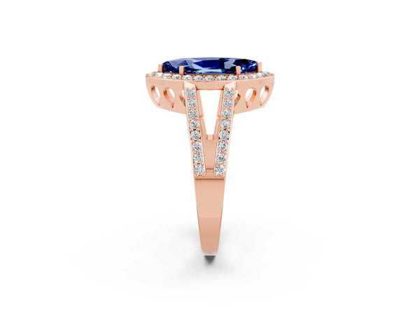 Rose gold Marquise Cut Blue Sapphire Halo Ring with Split Shank U-Prong Band and Four-Prong Setting