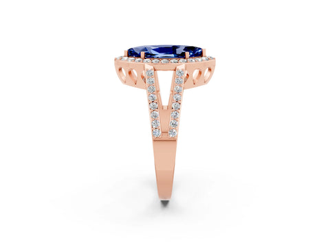 Rose gold Marquise Cut Blue Sapphire Halo Ring with Split Shank U-Prong Band and Four-Prong Setting_2