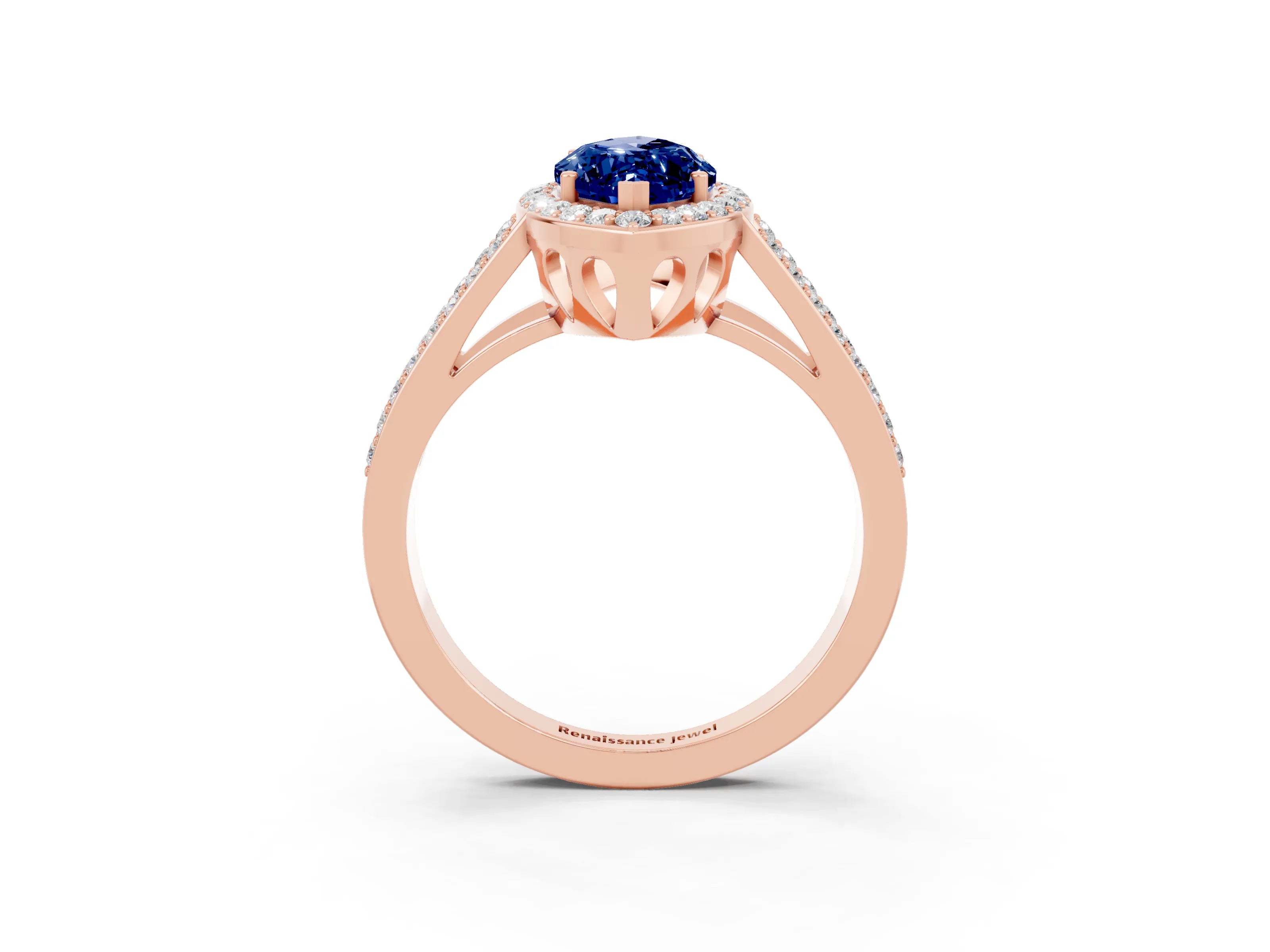 Rose gold Marquise Cut Blue Sapphire Halo Ring with Split Shank U-Prong Band and Four-Prong Setting_3