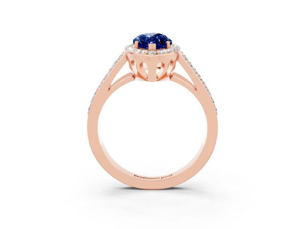 Rose gold Marquise Cut Blue Sapphire Halo Ring with Split Shank U-Prong Band and Four-Prong Setting
