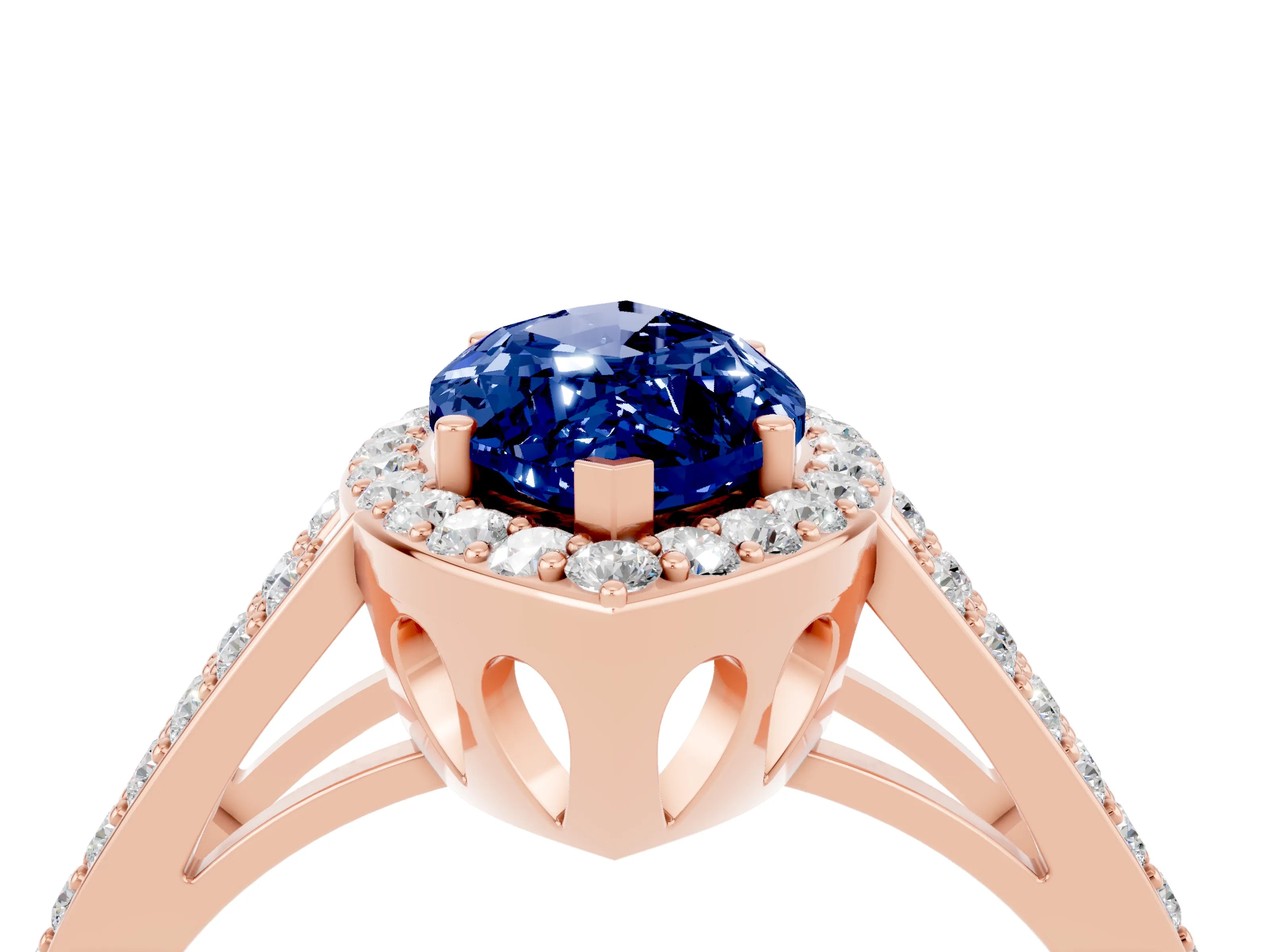 Rose gold Marquise Cut Blue Sapphire Halo Ring with Split Shank U-Prong Band and Four-Prong Setting_4