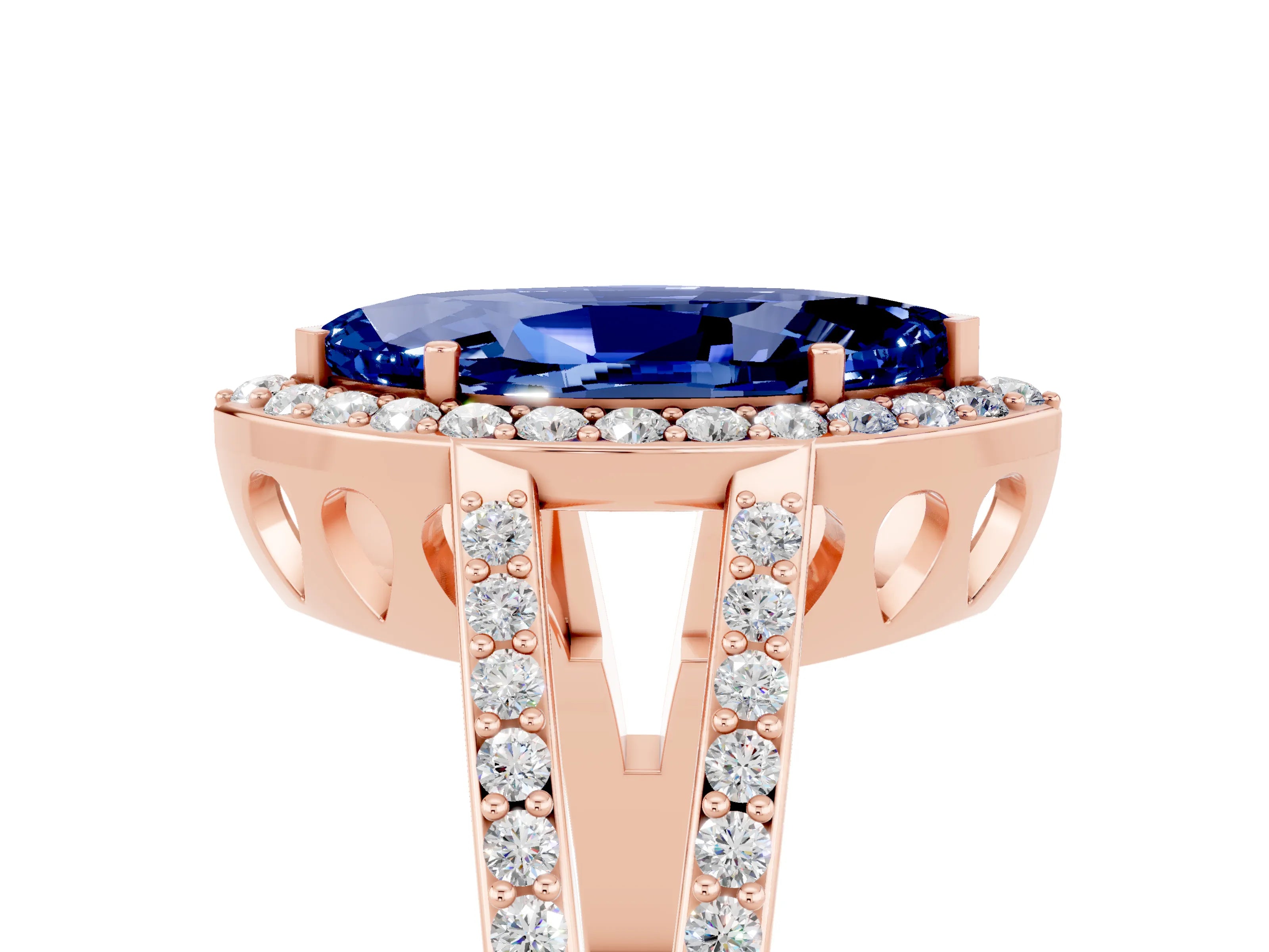 Rose gold Marquise Cut Blue Sapphire Halo Ring with Split Shank U-Prong Band and Four-Prong Setting_5