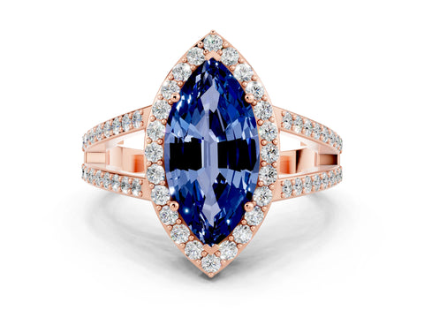 Rose gold Marquise Cut Blue Sapphire Halo Ring with Split Shank U-Prong Band and Four-Prong Setting