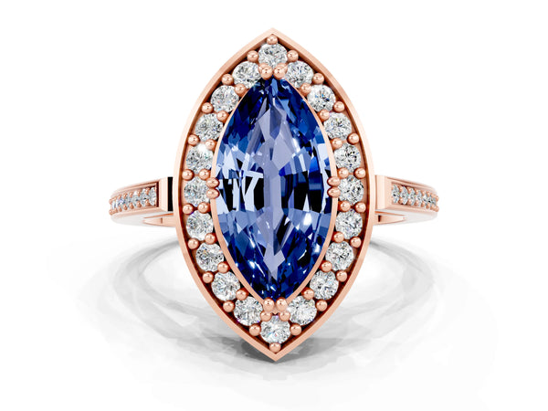 Rose gold Marquise Cut Blue Sapphire Halo Ring with Split Shank and Four-Prong Setting