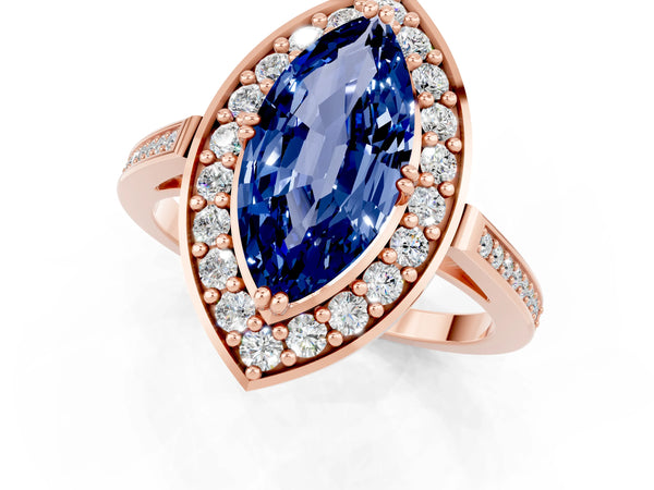 Rose gold Marquise Cut Blue Sapphire Halo Ring with Split Shank and Four-Prong Setting