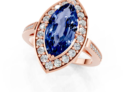 Rose gold Marquise Cut Blue Sapphire Halo Ring with Split Shank and Four-Prong Setting_1