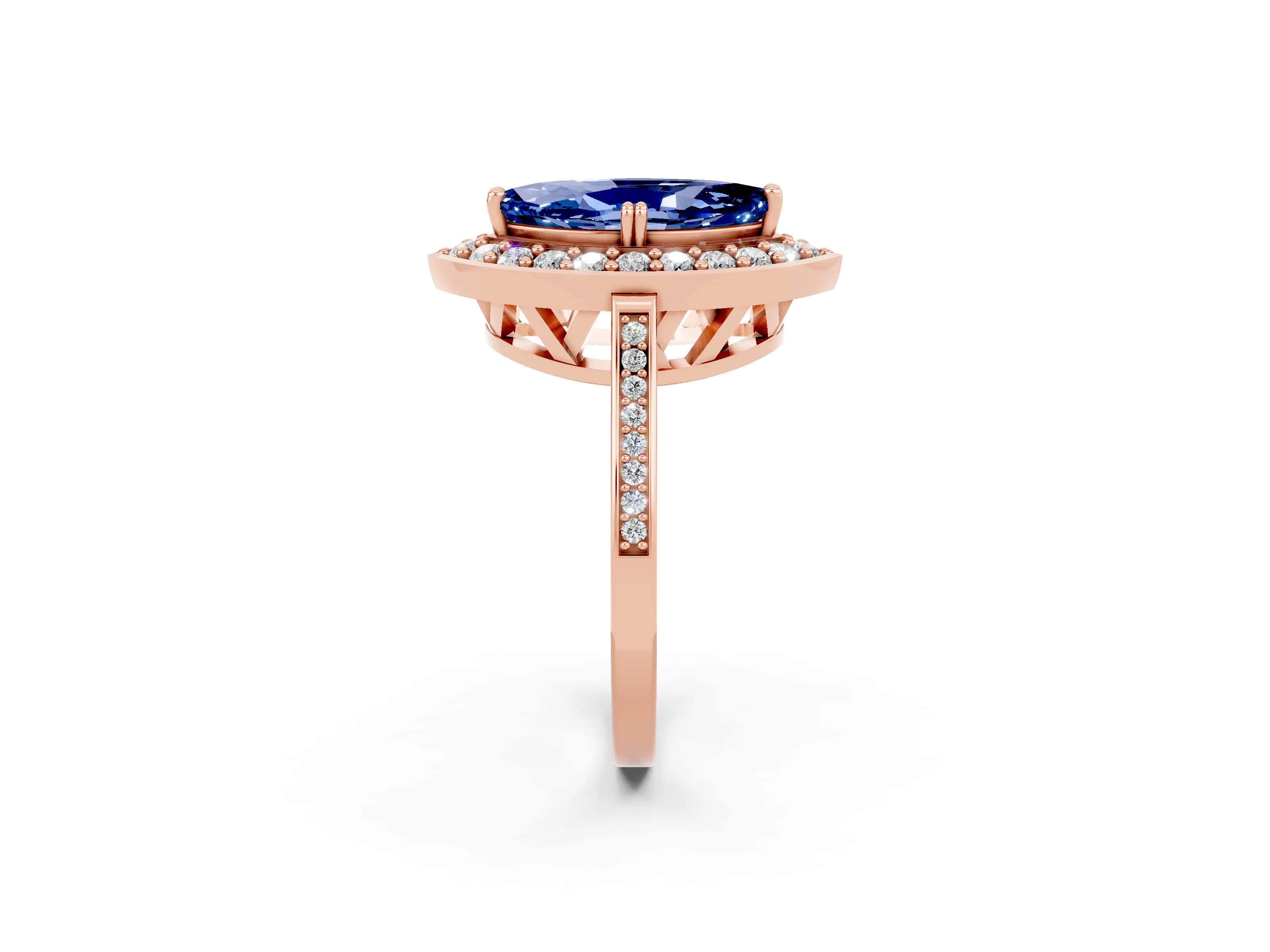 Rose gold Marquise Cut Blue Sapphire Halo Ring with Split Shank and Four-Prong Setting_2