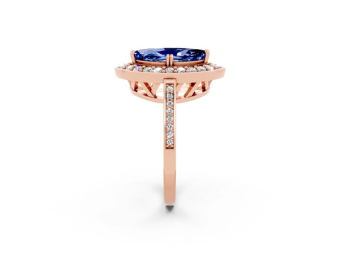 Rose gold Marquise Cut Blue Sapphire Halo Ring with Split Shank and Four-Prong Setting_2