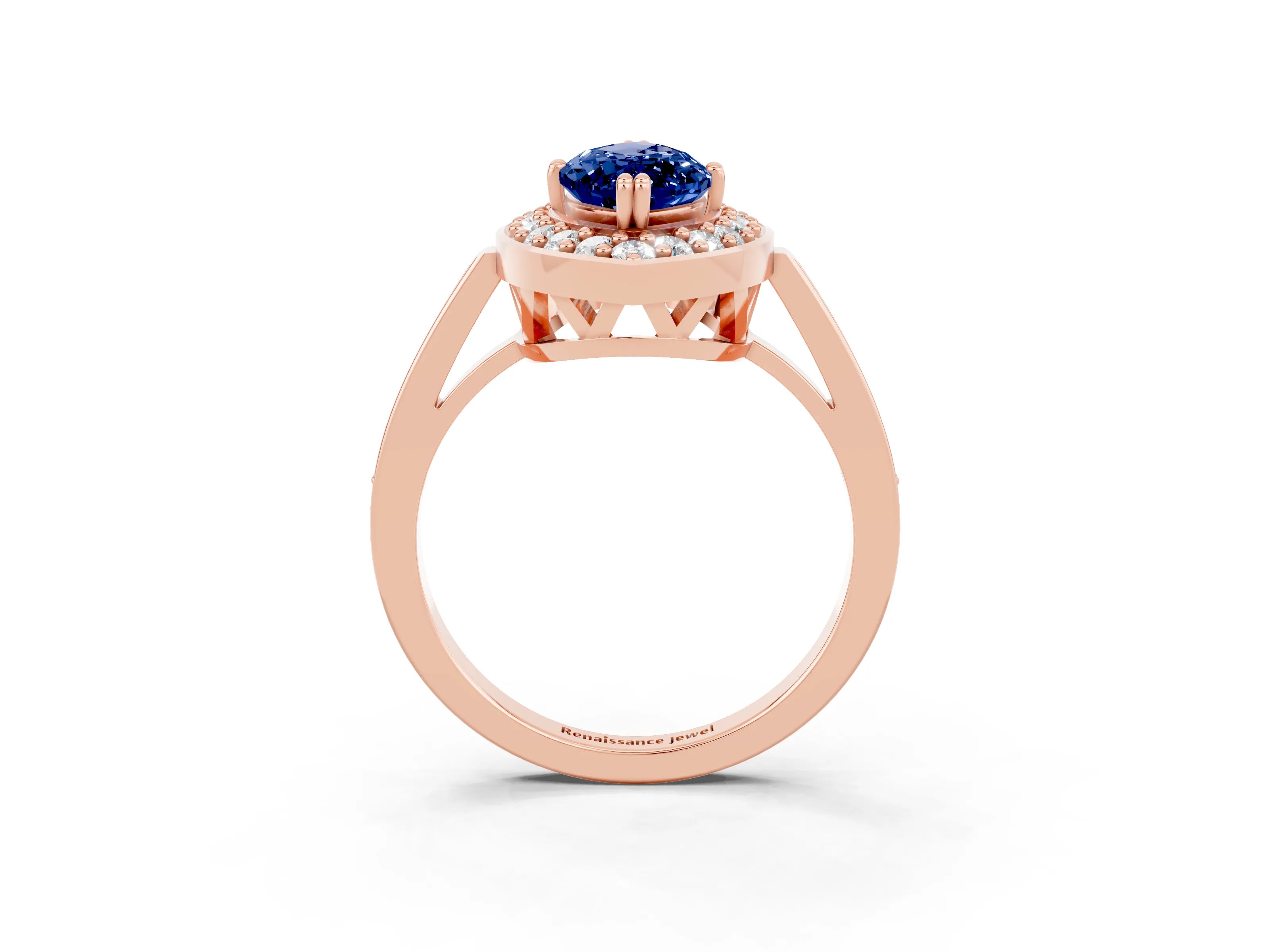 Rose gold Marquise Cut Blue Sapphire Halo Ring with Split Shank and Four-Prong Setting_3