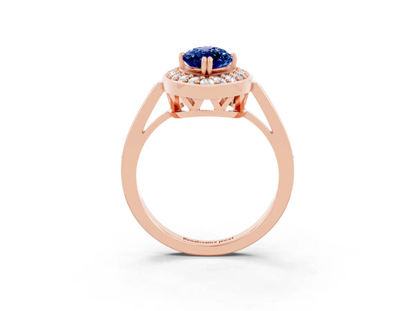 Rose gold Marquise Cut Blue Sapphire Halo Ring with Split Shank and Four-Prong Setting
