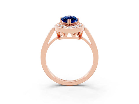 Rose gold Marquise Cut Blue Sapphire Halo Ring with Split Shank and Four-Prong Setting_3