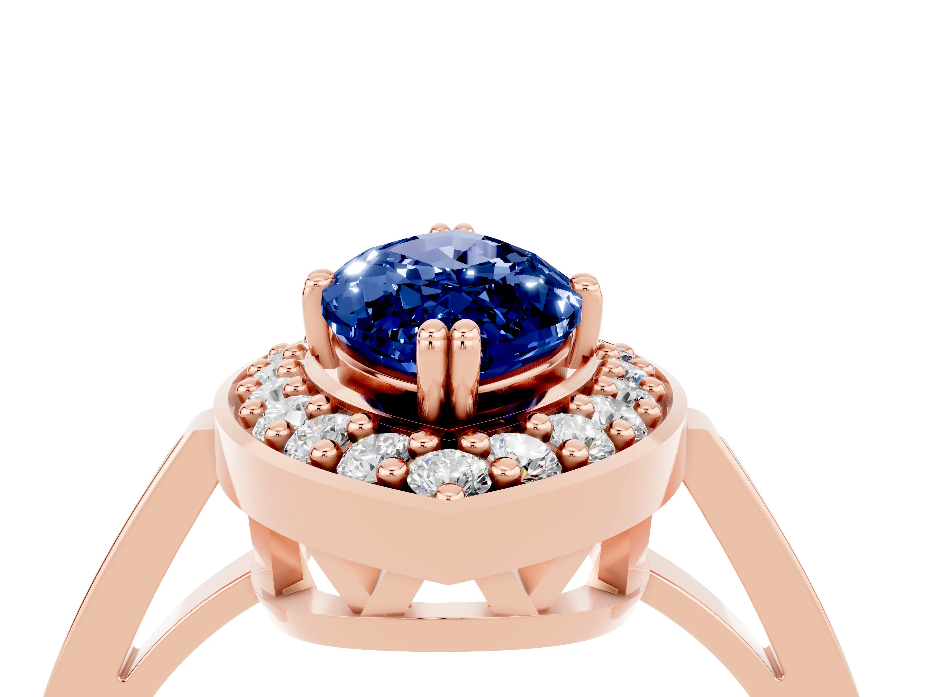 Rose gold Marquise Cut Blue Sapphire Halo Ring with Split Shank and Four-Prong Setting_4