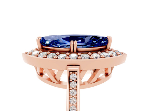Rose gold Marquise Cut Blue Sapphire Halo Ring with Split Shank and Four-Prong Setting_5