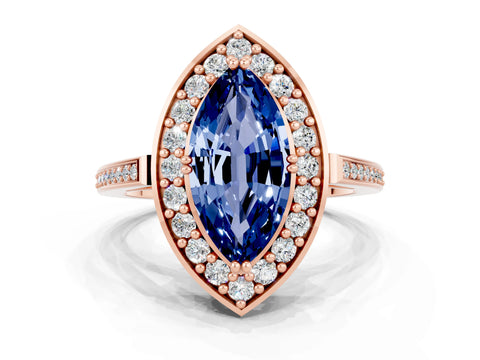 Rose gold Marquise Cut Blue Sapphire Halo Ring with Split Shank and Four-Prong Setting