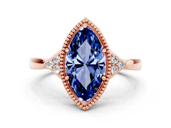 Rose gold Marquise Cut Blue Sapphire Halo Ring with Tapered Band and Four-Prong Setting